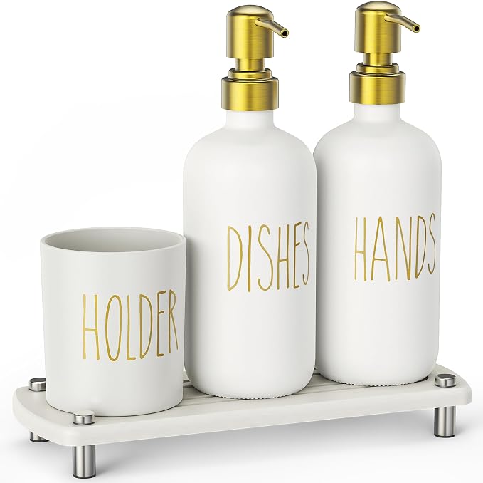 Cisily Kitchen Soap Dispenser Set Comes with Ceramics Sponge Holder, Gold Pumps, and Instant Dry Tray, Hand and Dish Soap Dispenser Set (4, Gold + White + Brush Holder)