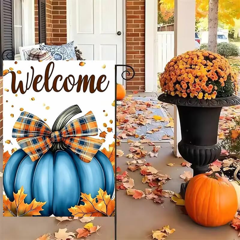 Welcome Fall Blue Pumpkin Thanksgiving Garden Flag 12x18 for Outside