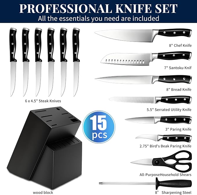 Knife Set, 15 Piece Premium Kitchen Knife Block Set, Razor-Sharp, High Carbon Stainless Steel Chef Knife, Ergonomic Forged Triple Rivet Handle, Black Sharp Knife Set for Kitchen, Dishwasher Safe