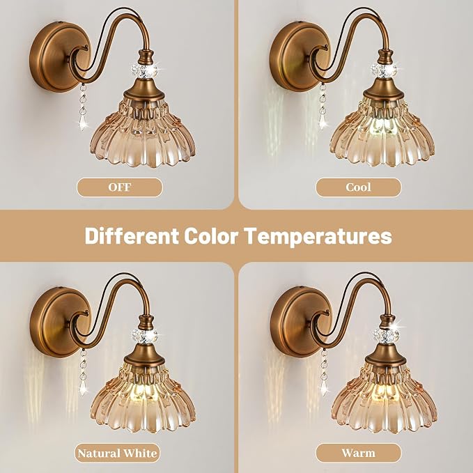 1 Piece Vintage Wall Sconce, 1-Light Matte Antique Brass Finish Wall Sconce with Hanging Crystal Accents and Flower-Shaped Amber Shades for Bathroom Bedroom Living Room,Vintage Vanity Light