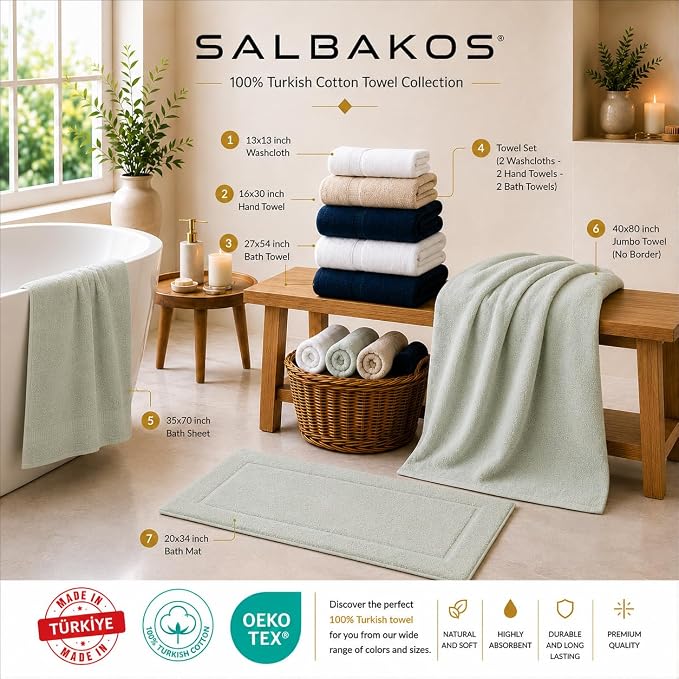 SALBAKOS 4-Piece 100% Turkish Cotton Bath Towels, 27x54 inch, Navy | Standard Size, 630 Gsm Thick Super Soft Highly Absorbent Quick-Dry Bathroom Towel, Premium Hotel & Spa Quality Made in Turkey