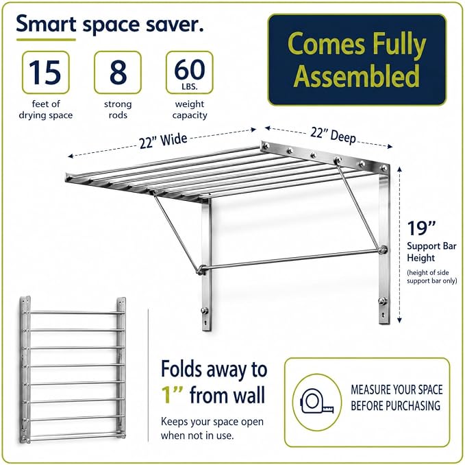 Smartsome | Wall Mounted | Clothes Drying Rack| 22" Wide |15 Linear Feet Capacity | 8 Smooth Round Stainless Steel Rods | 60 lb Capacity | Fully Assembled | Compact Sturdy Space-Saving Design