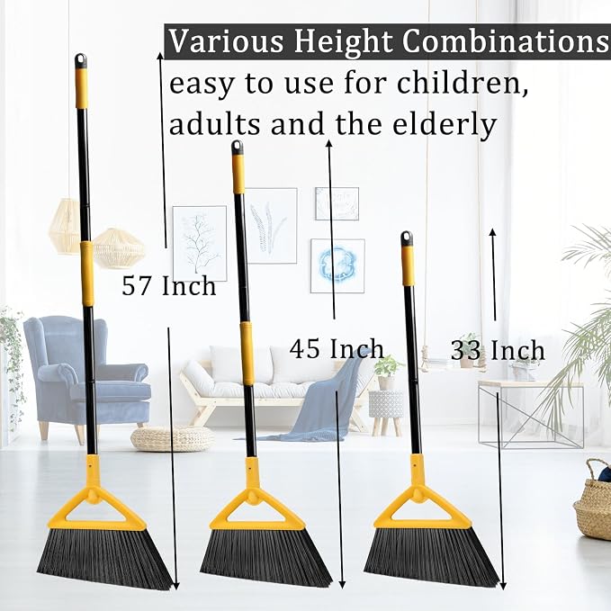 Heavy Duty Angle Broom 4 Pack - Yellow Broom for Outdoor & Indoor, Garage, Driveway, Sidewalk, Kitchen & More, Long Handle