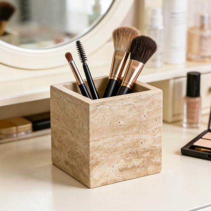Natural Stone Makeup Brush Holder for Vanity, Marble Toothbrush Holder for Bathroom, Luxurious Countertop Organizer, Travertine Bathroom Accessories Beige Square