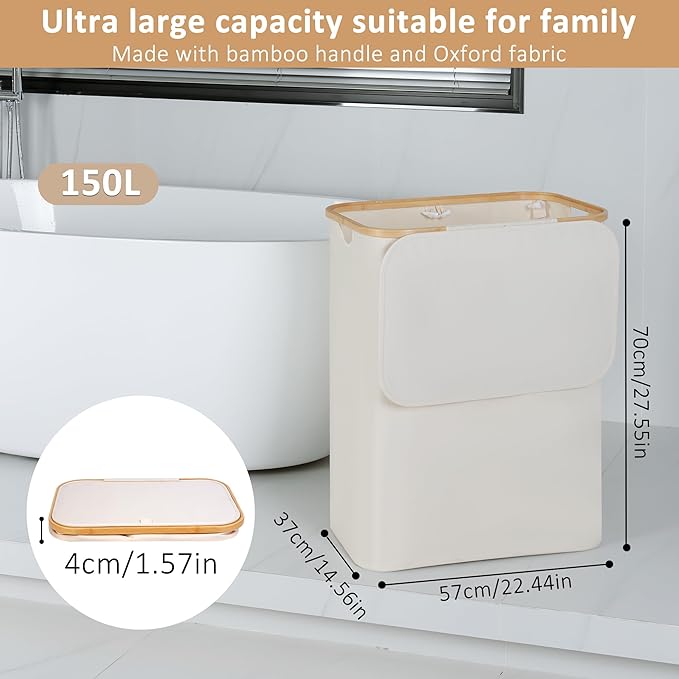 iEGrow 150L Laundry Basket with Lid, Large Laundry Hamper with Bamboo Handle, Collapsible Dirty Clothes Hamper Organizer with 2 Removable Inner Bags for Clothes Towels - Beige