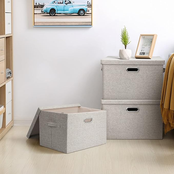 Graciadeco Large Quart Collapsible Stackable Storage Bins with Lids, 3 Packs Beige Linen Fabric Closet Boxes with Lids, Storage Cube Baskets Container Organizers for Bedroom Office(16.6 x 11.7 x 10.8)