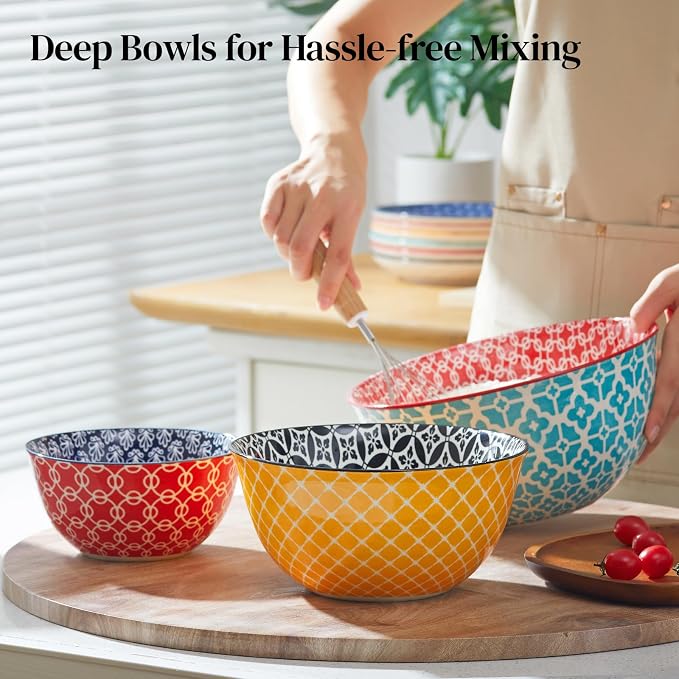 DOWAN Mixing Bowls, Ceramic Mixing Bowls for Kitchen, Colorful Vibrant Nesting Bowls for Cooking, Baking, Prepping, Serving, Salad, Housewarming Gift, Microwave Dishwasher Safe, 3.7/2/1 Qt, Set of 3
