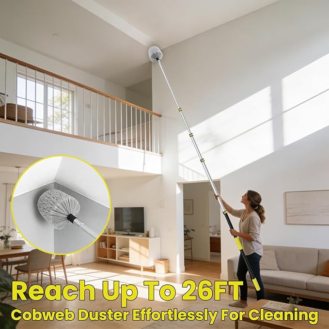 26FT High Reach Cobweb Duster with Extension Pole, Spider Web Brush for Cleaning with 5-20FT Telescopic Pole, 8" Larger Extendable Duster for High Indoor & Outdoor Webs