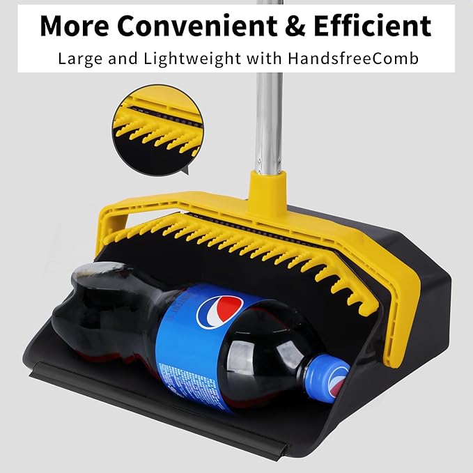 Tiumso Broom with Dustpan Combo Set, Brooms and Dustpans Sets with 51'' Long Handle, Large Dust Pan and Broom, Self-Cleaning Dustpan Teeth for Lobby Kitchen Office - Black and Yellow