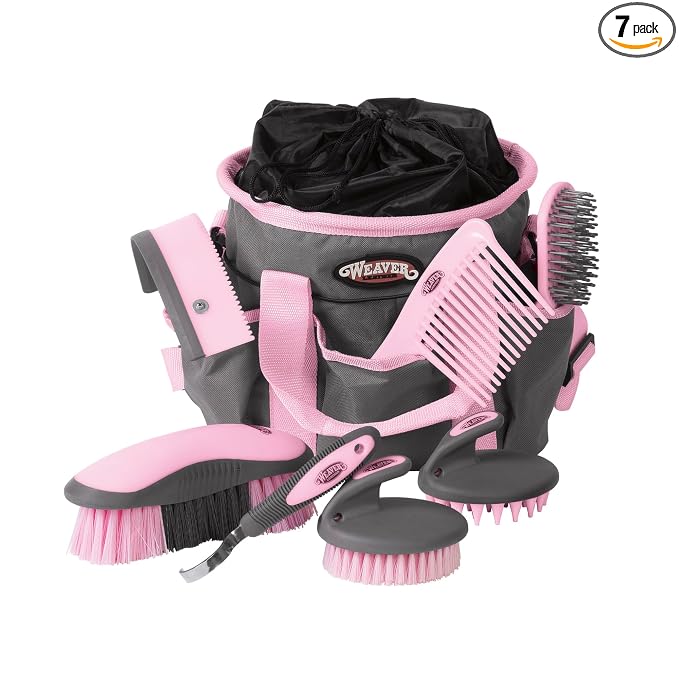 Weaver Equine Horse Grooming Kit, 7-Piece Horse Brush Set with Organizer Tote Bag, Hoof Pick, Comb, Sweat Scraper, Equine Tools for Daily Grooming, Gray/Pink