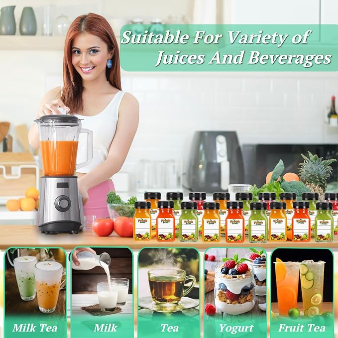 20PCS 4OZ Mini Plastic Juice Bottles with Caps, Clear Shot Bottles Reusable Containers with Labels, Funnel and Brush，Suitable for Juice Milk, Tea, Drinking, Smoothie Other Beverages (20, 4, ounces)
