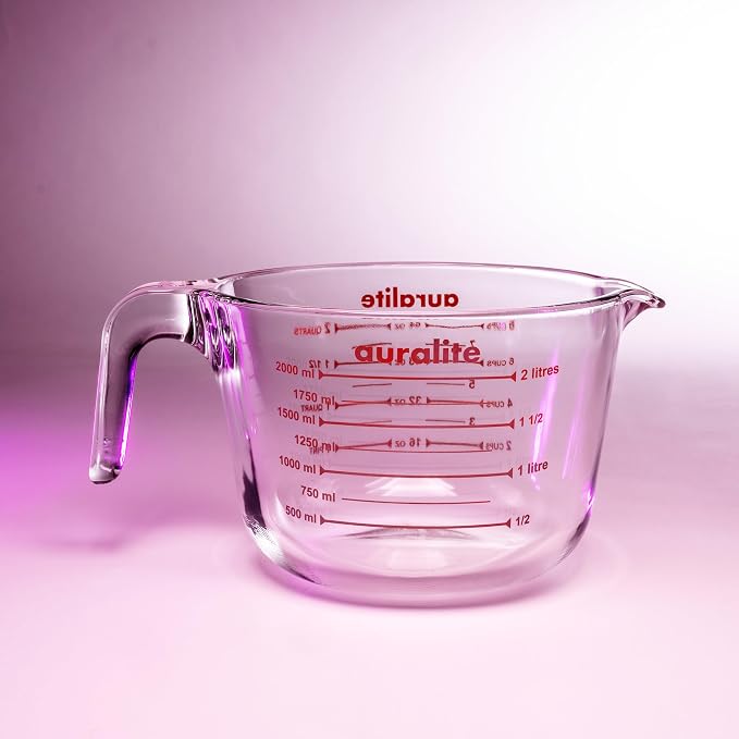 Auralite 8-Cup Borosilicate Glass Measuring Cup with Lid, 2 Quart, 2 Litre Large Glass Measuring Cup - Kitchen Mixing Bowl Liquid Measure Cups Glass Bakeware Set, Punch Bowl, Batter Bowl, 2Qt, 2L