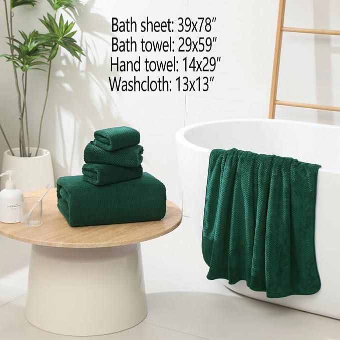 YTYC 29x59 Bath Towels Set,Towels for Bathroom,Dark Green,6-Pieces | 2 Large Bath towels,2 Hand towels (14x29"),2 Washcloth (13x13"),Super Soft,Highly absorbent,Hanging Loop,80%Polyester