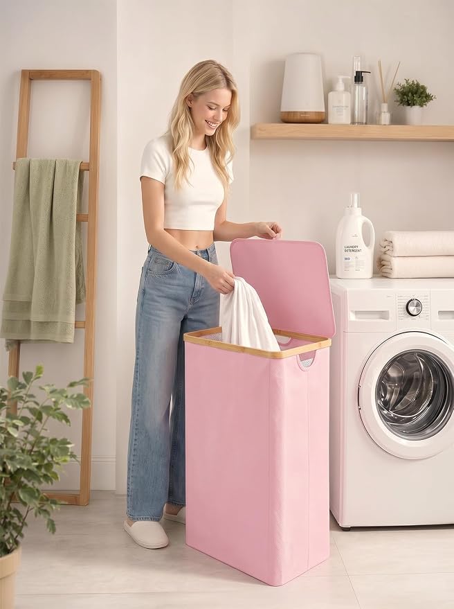 iEGrow Laundry Hamper with Lid, 110L Large Laundry Basket with Handle and Lid, Collapsible Clothes Basket Organizer with Removable Inner Bag for Clothes Towels,Pink