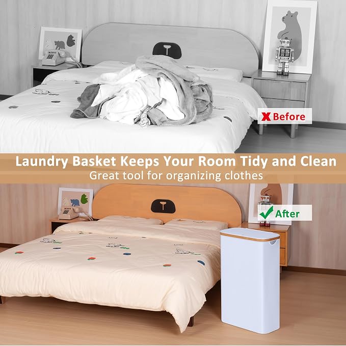 iEGrow 60L Slim Laundry Hamper, Narrow Laundry Basket with Lid,Foldable Clothes Hamper with Bamboo Handles,Hamper Basket with Removable Inner Bag for Laundry Room Bedroom College Dorm,15.85 Gals White