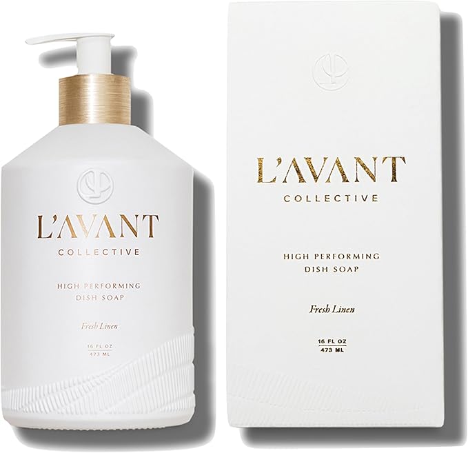 L'AVANT Collective Natural Luxury Dish Soap | Plant-Based, Non-Toxic & Grease-Cutting, Safe for Kids & Pets, Refillable Glass Bottle with Pump, 16 Fl Oz | Fresh Linen