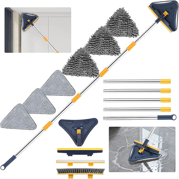 5 in 1 Wall Cleaner Mop, 78 Inch Base Board Cleaner Tool with Long Handle, 360° Wall Washing Tool for Ceiling, Floor and Window Cleaning with 3 Microfiber & 3 Chenille Pads