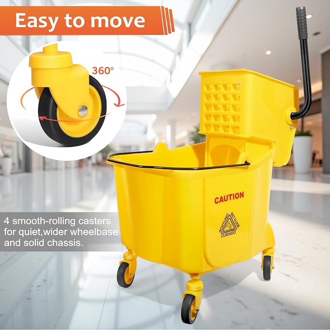 35 Qt Commercial Mop Bucket with Side Press Wringer on Wheels Set | Including 35 Quart Industrial Mop Bucket |1 Commercial Mop |1 Wet Floor Caution Sign | Yellow
