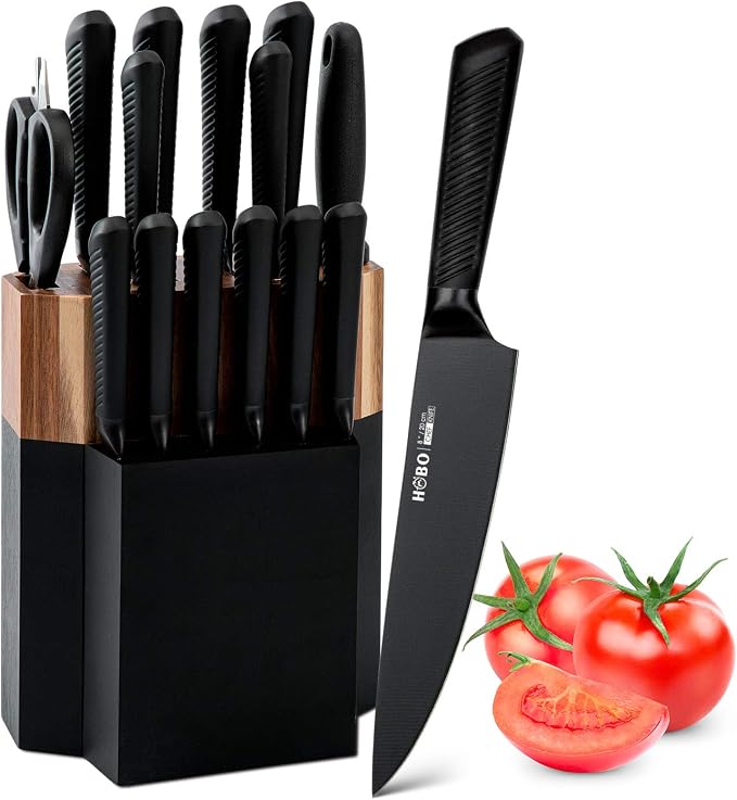 Knife Block Set, 15 Piece Kitchen Knife Set with 6 Steak Knife Set with Sharpener Chef Knife High German Carbon Stainless Steel Knife with Wooden Block Bread Knife Boxed | High German Carbon Stainless Steel, with 6 Pieces Steak Knives, with Sharpener a...