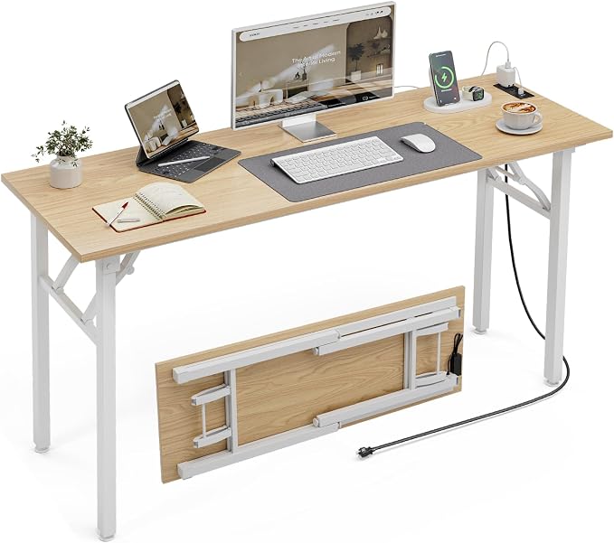 XBurmo Small Folding Desk Folding Table, No Assembly Foldable Desk Gaming Desk, 55.1-Inch Computer Table Workstation with 2 AC Outlets and 2 USB Ports for Bedroom and Home Office, Light Maple