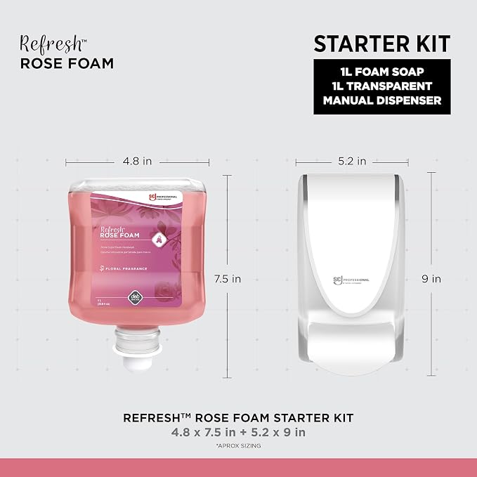 SC Johnson Professional Rose FOAM Dispenser and Refill Starter Kit, Wall Mount Soap Dispenser for Hand Soap, 1 Refresh Rose FOAM Hand Wash, 1 Liter Cartridge, 33.8 fl. oz., for Professional Use Only