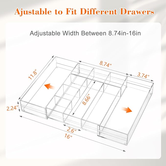 Briwooody 1 Pcs Acrylic Desk Drawer Organizer 9'' up to 16'' x 12'' x 2.2'' Expandable Drawer Organizer Trays with 10 Adjustable Compartments Clear Desk Accessories for Makeup Office Bathroom