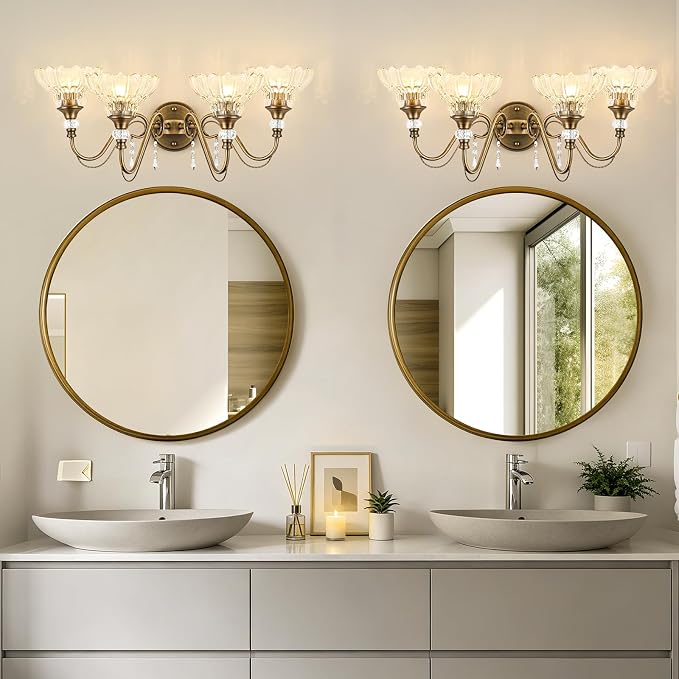 Vintage Bathroom Vanity Light, 4-Light Matte Antique Brass Finish Wall Sconce with Hanging Crystal Accents and Flower-Shaped Clear Glass Shades, Retro Wall Mount Vanity Light Over Mirror for Bathroom
