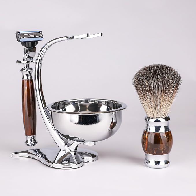 Deluxe Shaving Set for Men - 3-Layer Safety Razor with Badger Hair Brush,Soap Bowl & Magnetic Stand,Grooming Kit for Wet Shaving,Gift for Dad,Father’s Day,Birthday