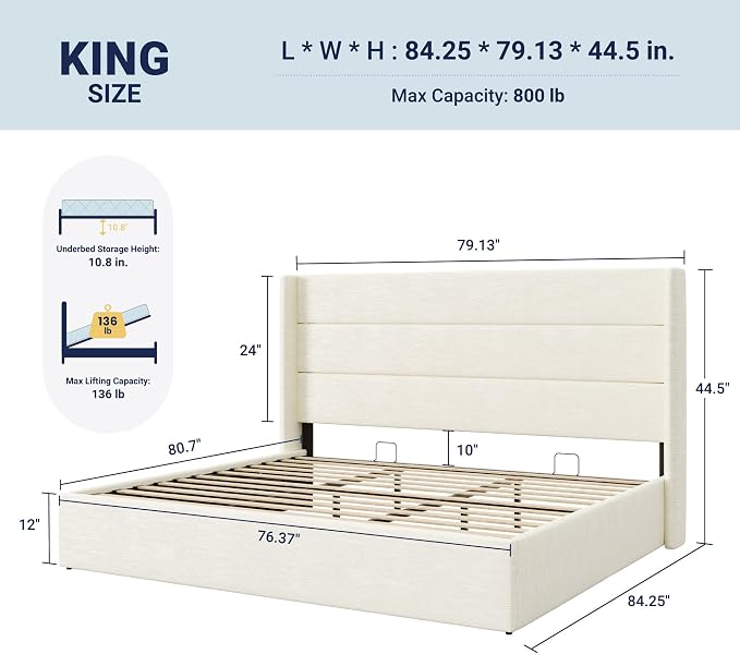 Allewie King Size Chenille Lift Up Hydraulic Storage Bed Frame Cream White | Chenille Fabric Upholstered, Modern Wingback Headboard, Hydraulic Support Storage, No Box Spring Needed