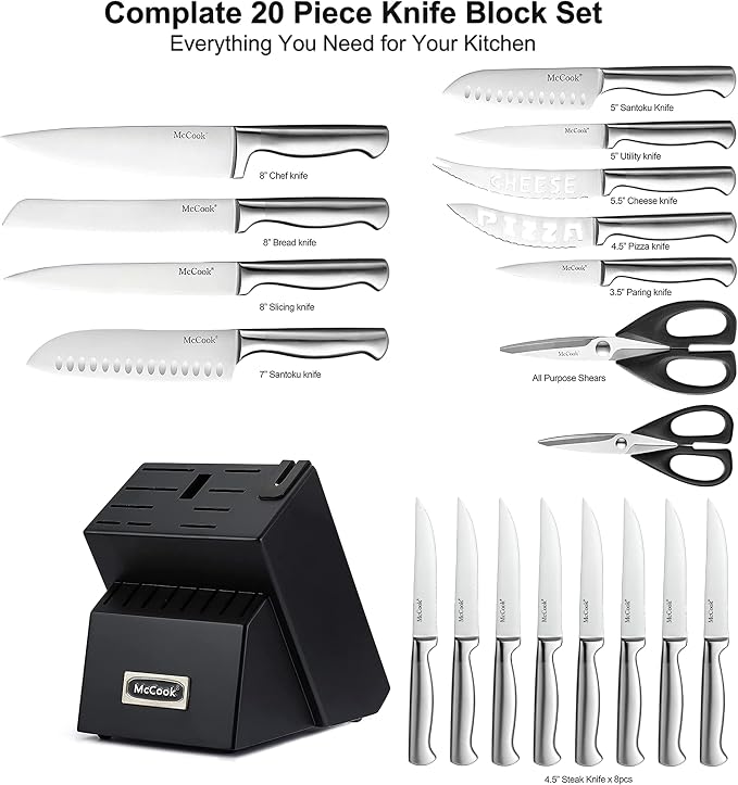 McCook Knife Set Sharp Kitchen Knife Block Set w Built-in Sharpener | German Forged Stainless Steel, 20 PC,Razor Sharp,Anti-Rust,Restaurant Grade,Ergonomic Handle,Full Tang, Gift Box
