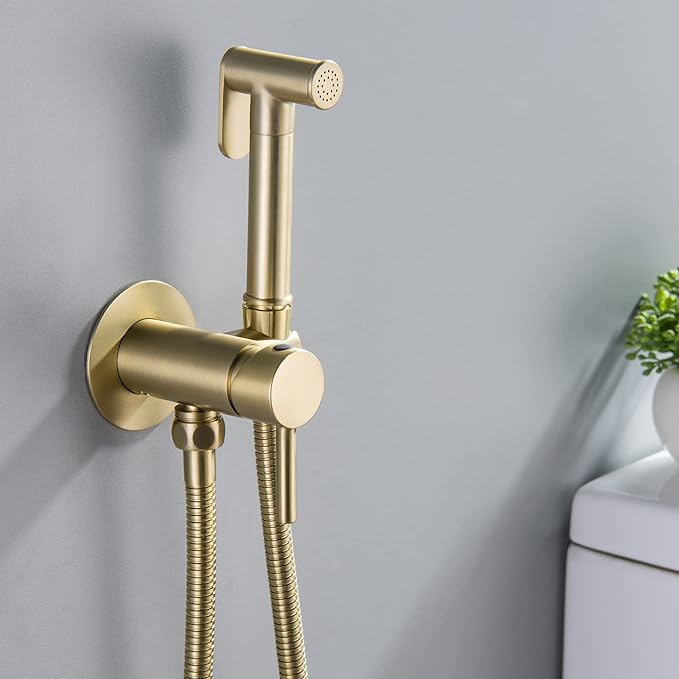 SHAMANDA Warm Water Bidet Sprayer for Toilet with Hot and Cold Brass Rough-in Valve, Stainless Steel Round Handheld Bidet Attachment Set for Feminine, Pets and Baby Diaper Wash, Brushed Gold, BDS09-3