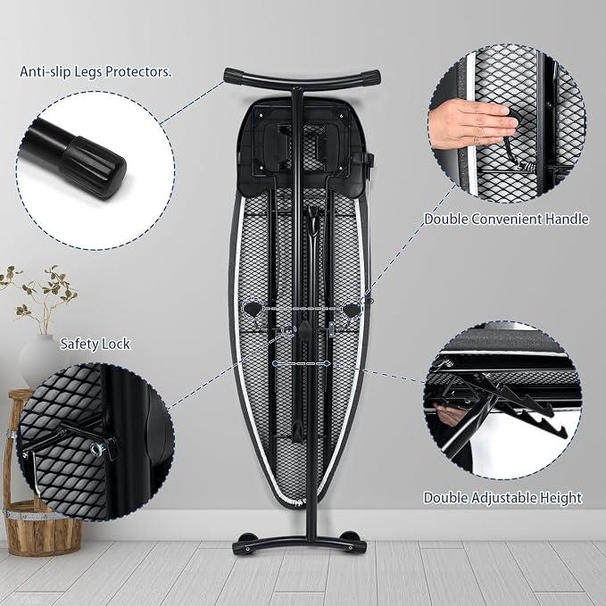 Duwee 18" ×48" Ironing Board with Retractable Iron Rest,Wide Ironing Board | Extra Wide Ironing Board, Heat Resistant Cover with Thicken Padding,Adjustable Height,Heavy Sturdy Legs with Wheels,Black