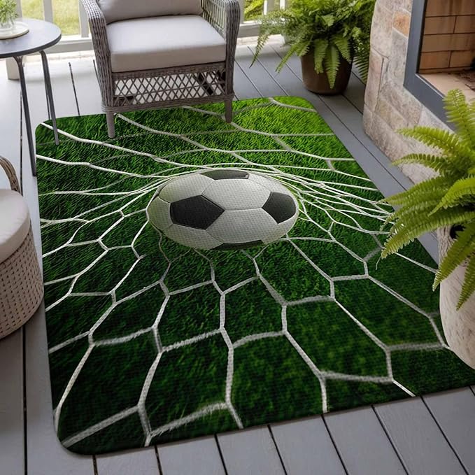 Soccer Washable Area Rugs for Living Room Bedroom, Large Non Slip Indoor Floor Carpet Absorbent Low Pile Goal Net Competitive Green Grass Athletic Door Mat Rugs for Bathroom Entryway 63"x90.6"