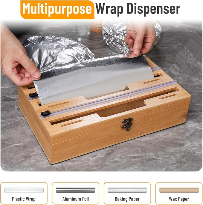 Allinside Magnetic Plastic Wrap Dispenser with Cutter, 3 in 1 Refrigerator Bamboo Wood Organizer for Tin Foil, Baking Paper, Wax Paper Holder Kitchen Storage Box Compatible with 12.9" Roll (3 Layer)