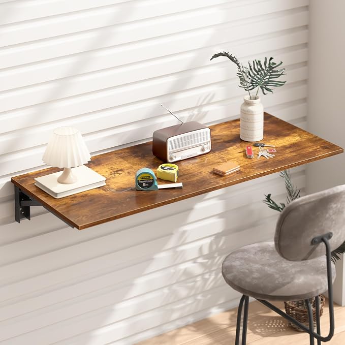 Need 36x20IN Wall Mounted Folding Table for Office Laundry Retro | Black Frame Fold Down Wall Mount Desk Folding Wall Table for Small Apartment, Garage&Ironing Station
