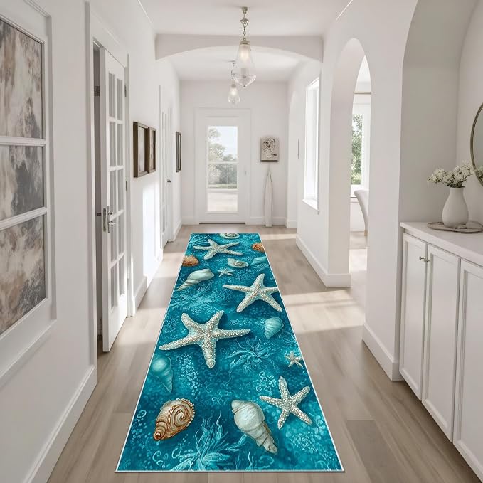 Starfish Conch Washable Runner Rug 2.6x7 - Watercolor Ocean Hallway Rug, Ultra-Thin Kitchen Rugs, Turquoise Blue Anti Slip Runner Rugs for Entrance Laundry Room Corridor Bedroom