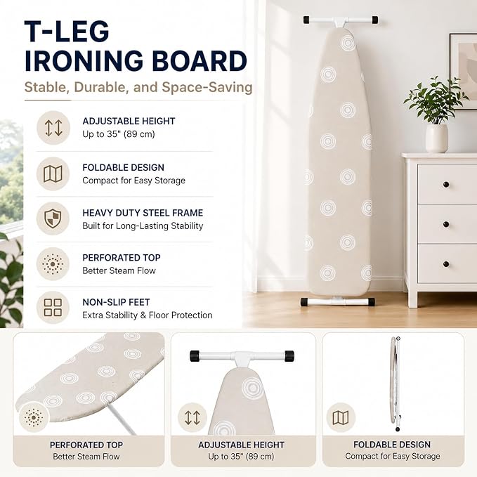 T-Leg Ironing Board with Perforated Top, Adjustable Height up to 35", Foldable Design for Compact Storage, Heavy Duty Steel Frame, Non-Slip Feet, 53" x 14" Full Size Beige