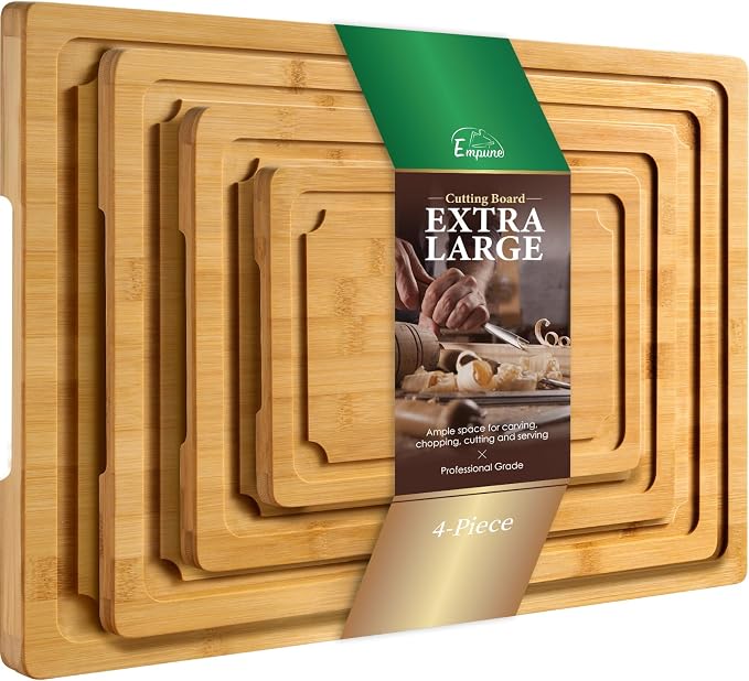 Extra Large Cutting Board Set of 4, Bamboo Cutting Boards for Kitchen with Juice Groove and Handles Kitchen Chopping Board for Meat Cheese board Heavy Duty Serving Tray, Empune