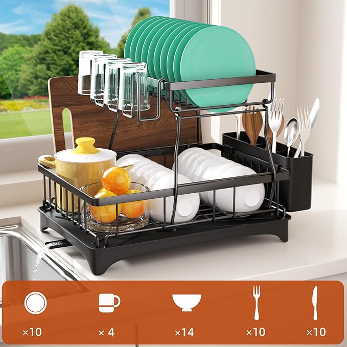 Godboat 2-Tier Dish Drying Rack - Dish Rack with Auto Drain-to-Sink & Mat | Dish Racks for Kitchen Counter, Dish Drainer with Knife Fork & Cup Rack, Gifts for Women, Mothers Day, Kitchen Gadgets, Black