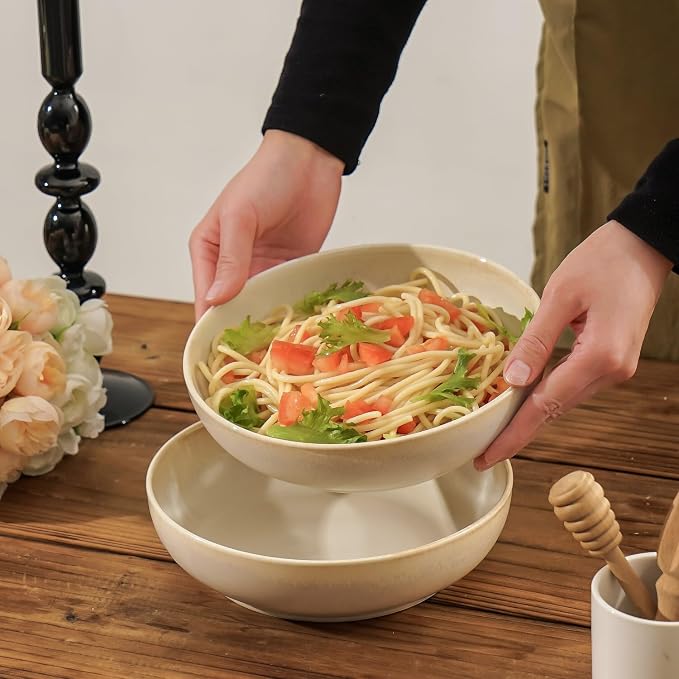 30oz Ceramic bowls set of 4-8" serving bowls for Kitchen,Pasta,Salad-Dishwasher & Microwave Safe Perfect for Housewarming, Thanksgiving, Christmas-Reactive Glaze Mixed White