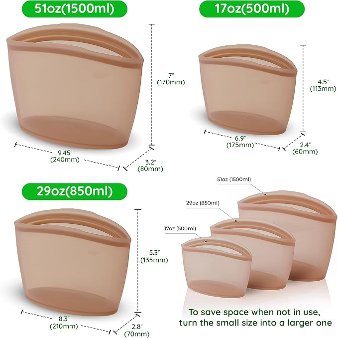 Reusable Silicone Food Storage Bags, 3-Pack Variety Set (2, 3.5, 6 Cups), Made in Korea BPA-Free Silicone, Triple-Airtight Freezer Bags, Microwave Safe, Sous Vide, Zip Lock Pouch, Brown