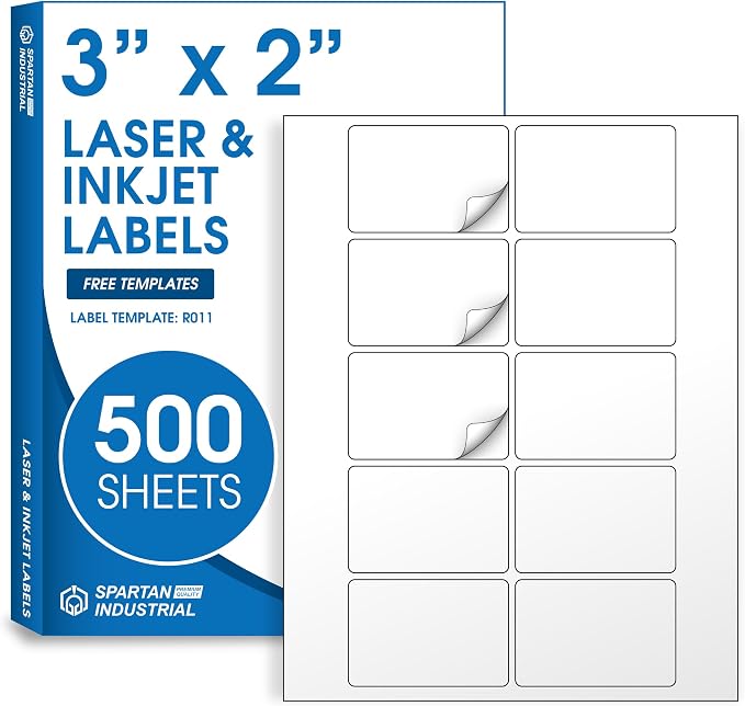 3" X 2" Matte White Printable Shipping Labels (500 Sheets, 5000 Stickers) Mailing and Address Labels, Product Packaging Stickers for Laser & Inkjet Printers - Spartan Industrial Template R011