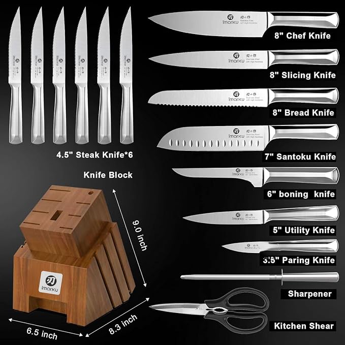imarku 16-Pieces High Carbon Japanese Stainless Steel Kitchen Knife Set | Knife Set with Block|15°Precision Edge | 56±2 HRC Hardness | Built-in Sharpener|Ergonomic Handles|Gifts Mom & Dad