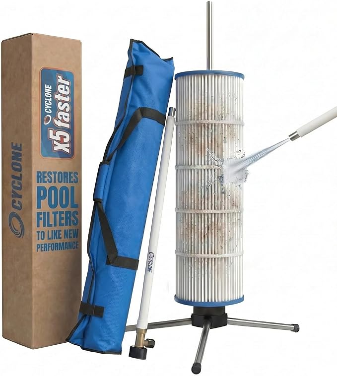 CYCLONE FILTER CLEANER PRO – Patented Hose-Powered Spinning Cartridge Filter Cleaning Tool with Folding Tripod Stand & Pro Tool Bag – Cleans 5X Faster – Fits 3”, 4”, 6” ID Pool Filters