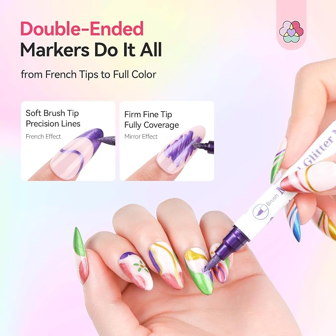 SAVILAND Nail Art Markers Set: 10 Dual-Tipped Metallic Quick Dry Nail Polish Art Pens Fine Tip for Painting Nails, Drawing Dots, Lines & Designs, Home DIY Nail Art Supplies