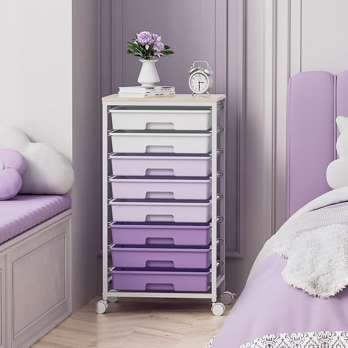 SYKIARIOL Rolling Cart with Drawers,Utility Cart With 8 Drawers and Wooden Tabletop for Living Room,Classroom,Bedroom,Bathroom,Dorm,Office,Purple