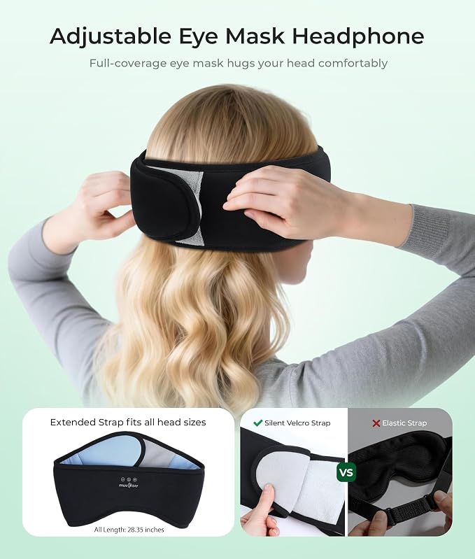 MUSICOZY Sleep Mask with Bluetooth Headphones, Bamboo Cotton Extended Sleep Headphones for Side Sleepers, Bluetooth Eye Mask for Sleeping, Wireless Earphones with HD Stereo Speakers (Classic Black)