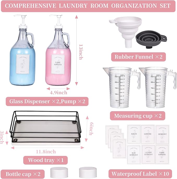 2 Pcs Glass Liquid Laundry Detergent Dispenser, Half Gallon Dispenser for Laundry Room (64 oz. Each), Laundry Detergent Bottles with Pump Dispenser -Includes Labels, Measuring Cups,Wooden Stand