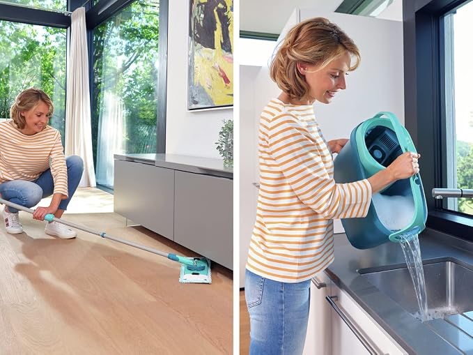 Leifheit Clean Twist Ergo 2.0 Flat Mop Set with Power Cleaner, Floor Mop with Microfibre Cover for Mist Cleaning on Laminate and Tiles, Mop with Spin Technology