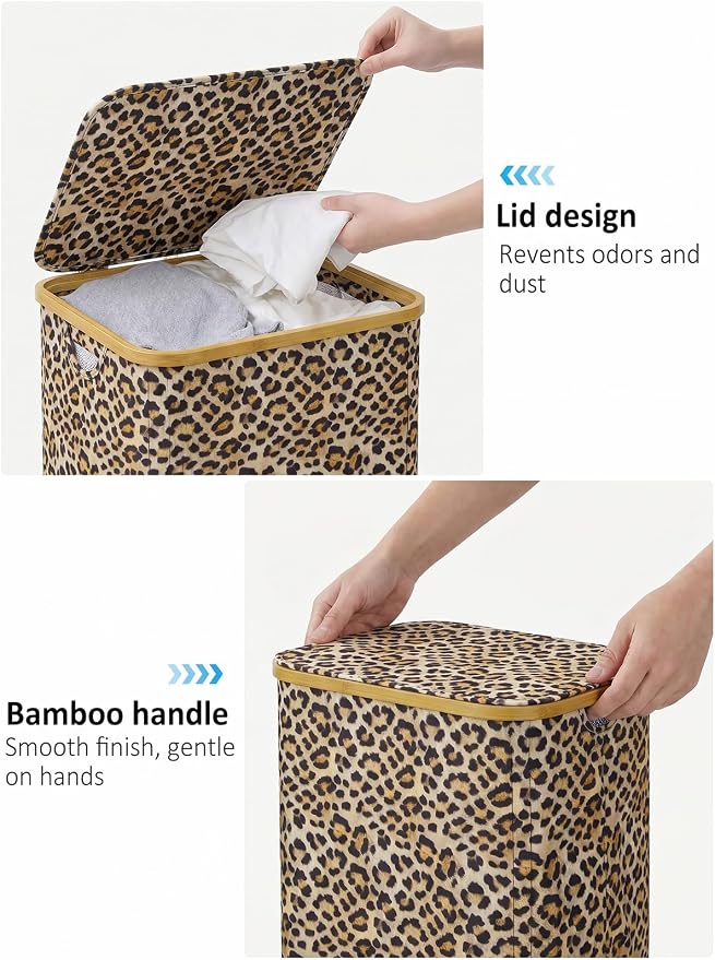 iEGrow Laundry Hamper with Lid, 110L Large Laundry Basket with Handle, Collapsible Clothes Basket Organizer with Removable Inner Bag for Clothes Towels - Leopard print
